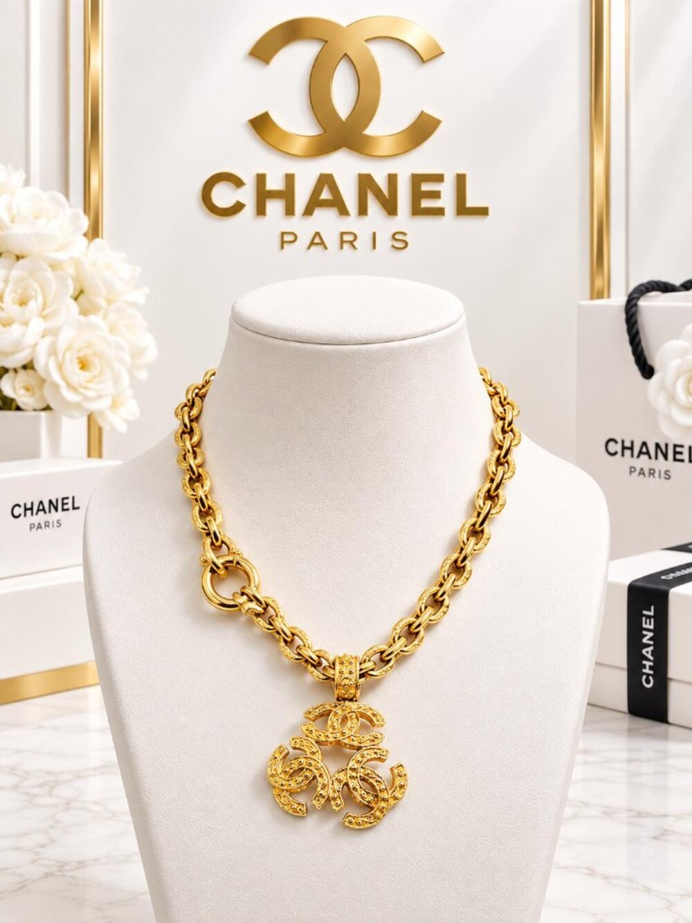 Authentic Chanel CC Triple Logo Pendant Necklace Gold Tone Chain Vintage Luxury